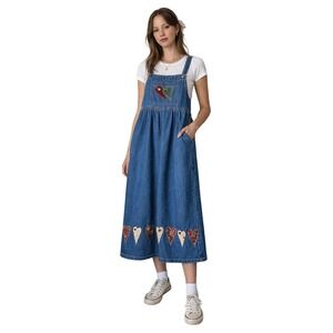 HAIK'S Vintage Denim Jumper Dress Heart Appliqué Cottagecore S